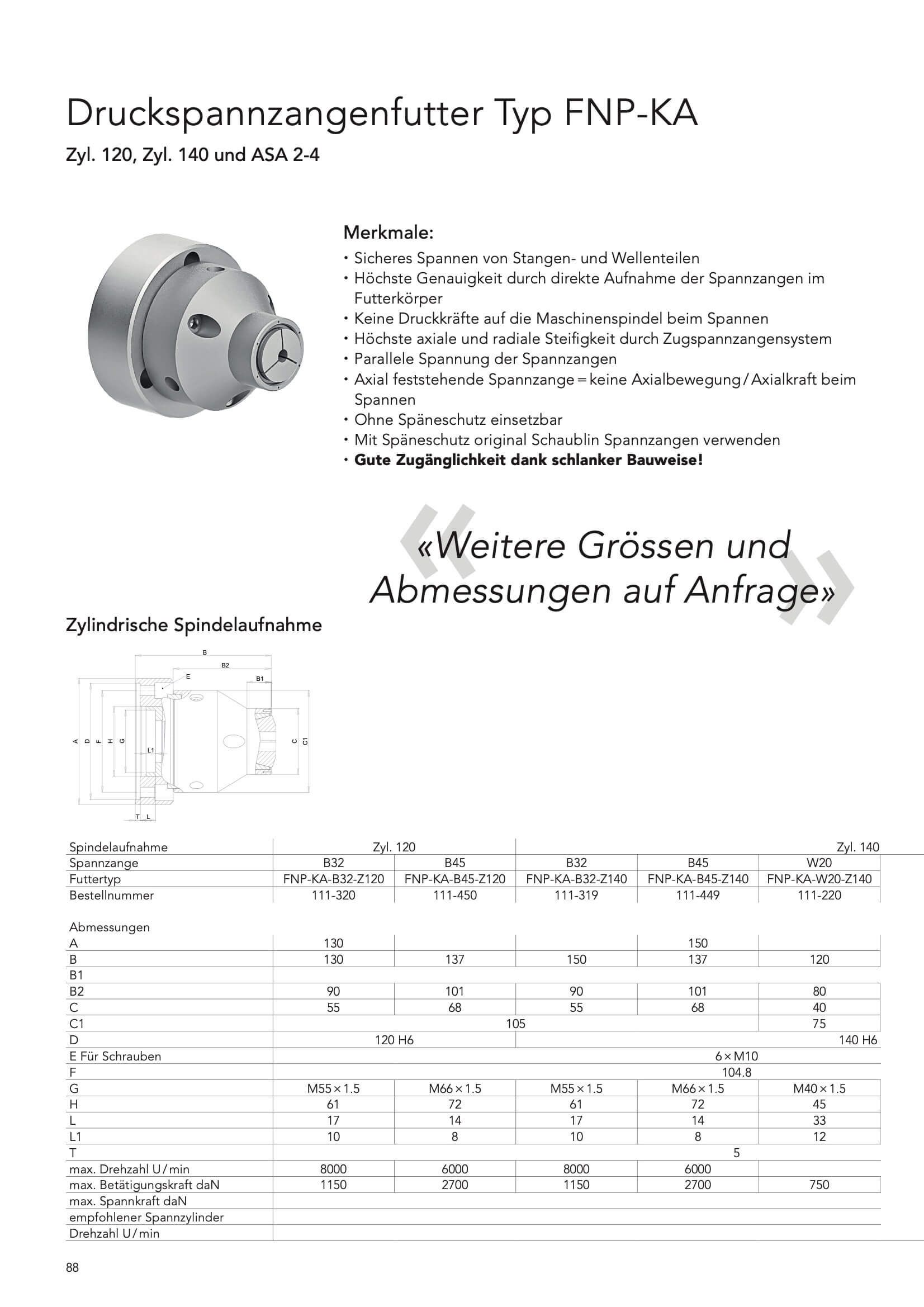 Druckspannzangenfutter Typ FNP-KA Zyl. 120, Zyl. 140 und ASA 2-4 für Spannzangen Typ SCHAUBLIN – Bild 2